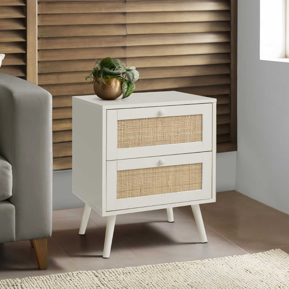 TABLE D'APPOINT - 24"H / TABLE D'APPOINT BLANCHE - 2 TIROIRS EN NOYER