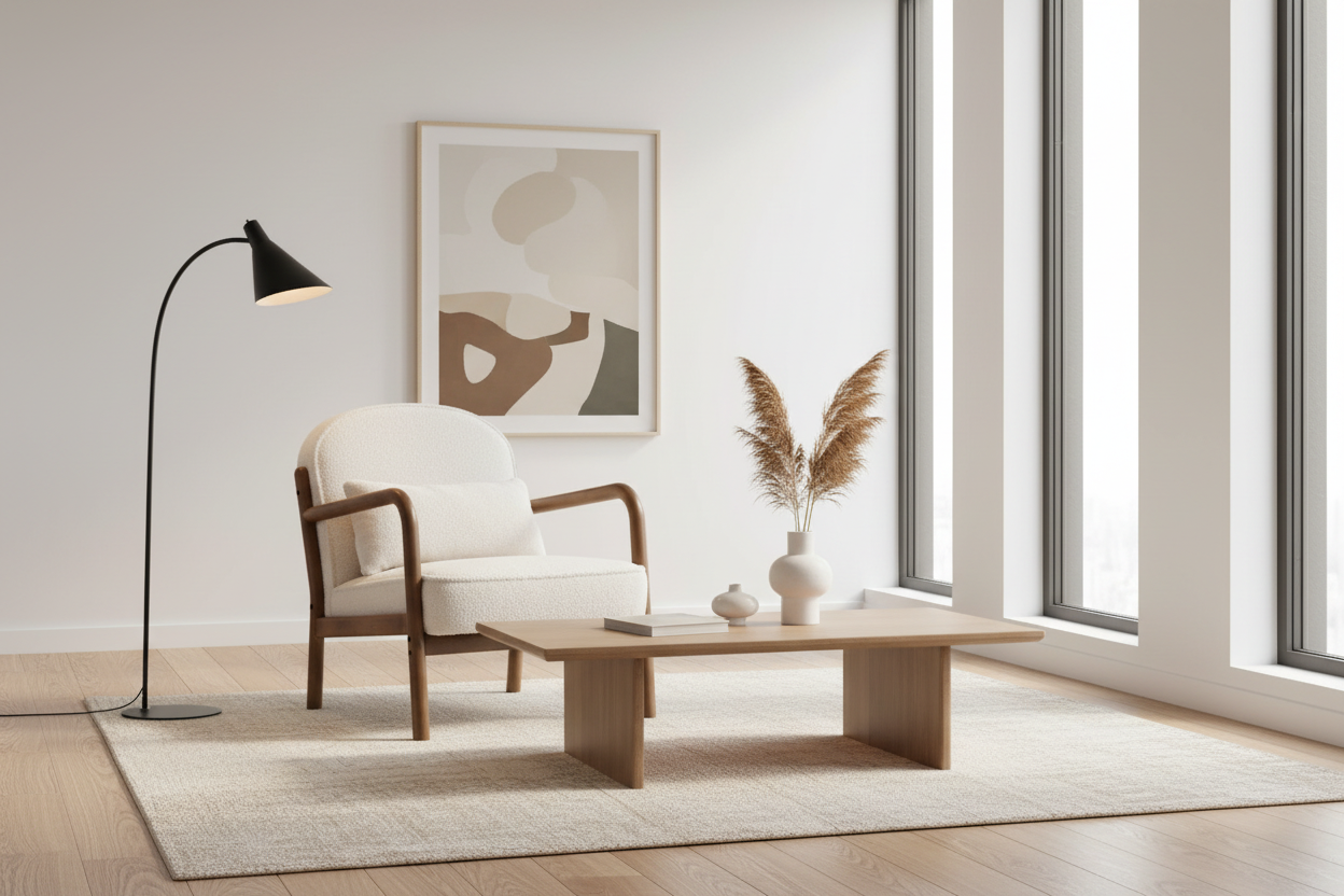 Fani Accent Chair, Fabric in White Boucle and Walnut