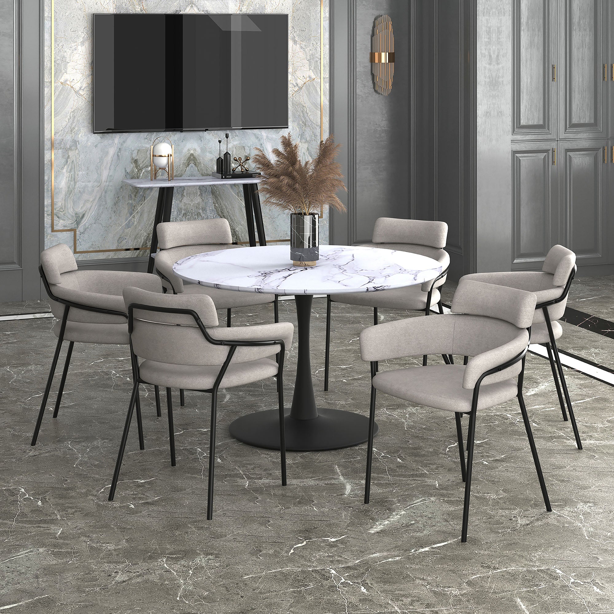 Zilo 48" Round Dining Table in White Faux Marble and Black