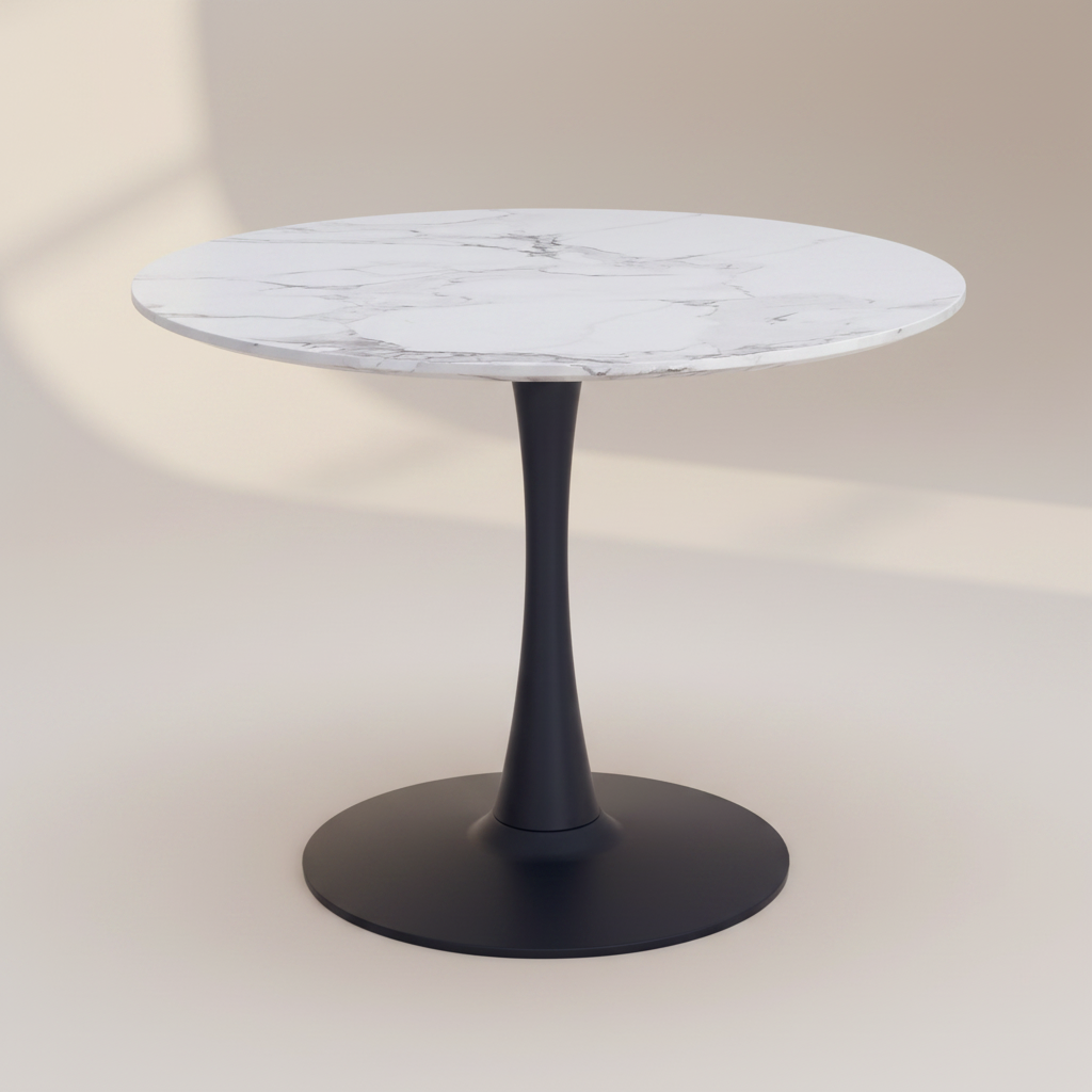 Zilo 40" Round Dining Table in White Faux Marble and Black