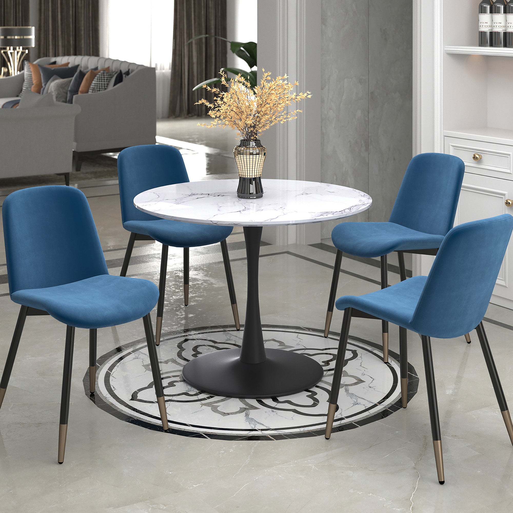 Zilo 40" Round Dining Table in White Faux Marble and Black