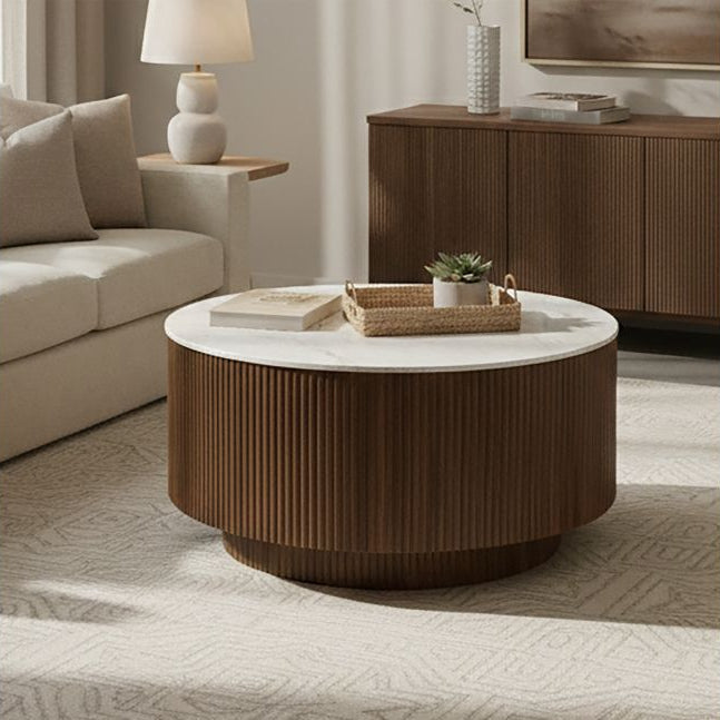 Table basse ronde Reyna avec rangement en noyer et blanc