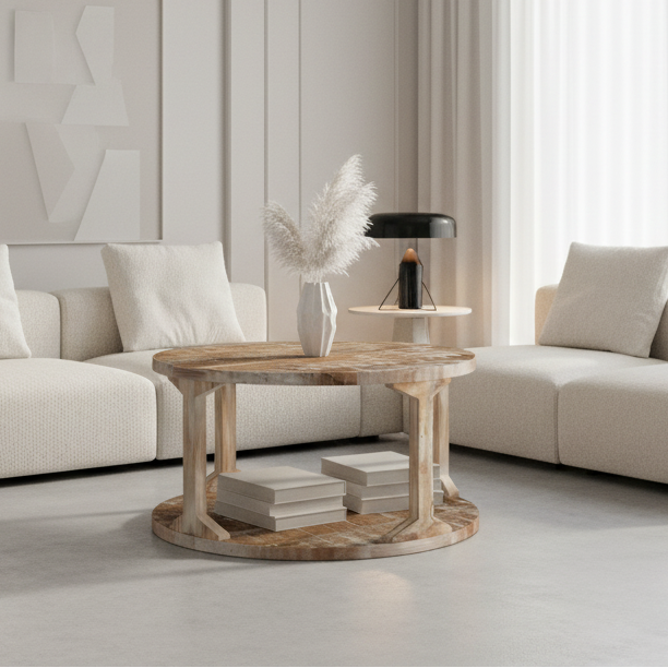 Table basse ronde Avni en finition vieillie