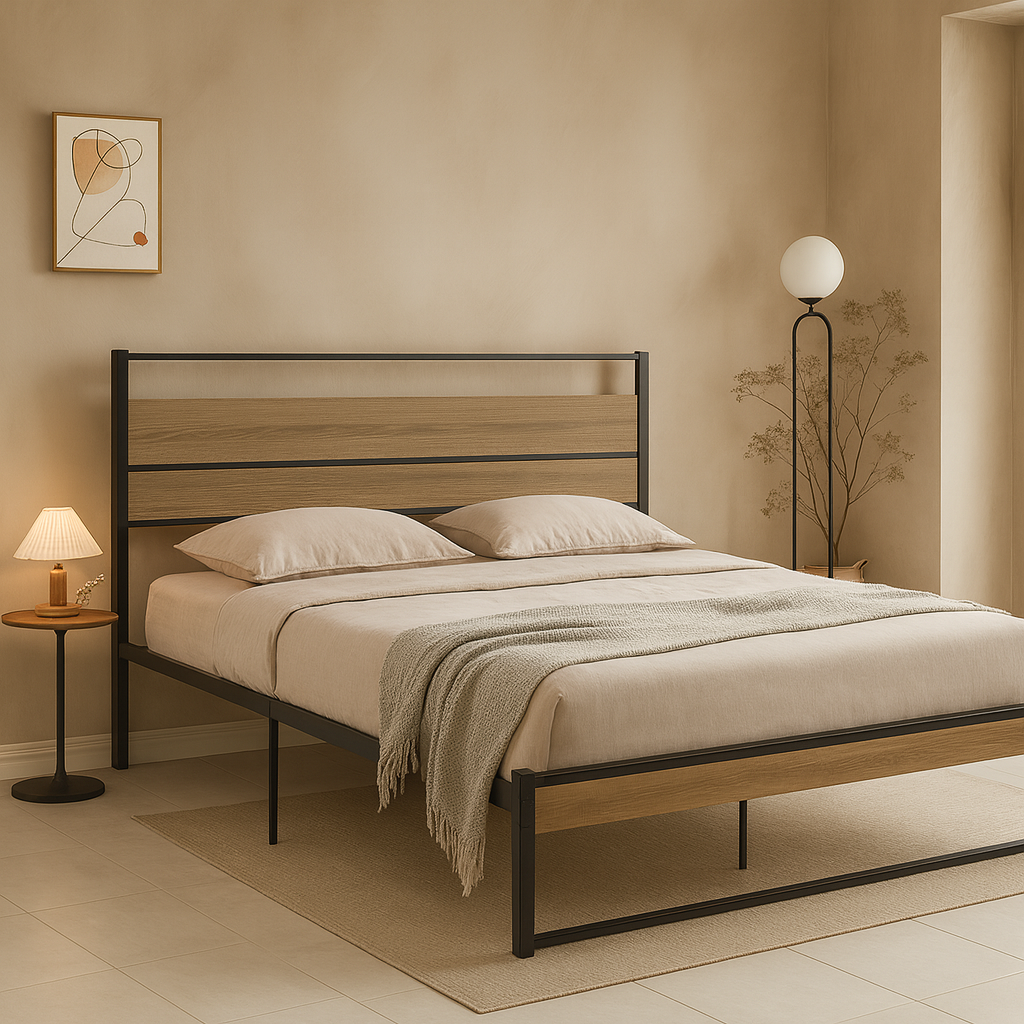 LIT - QUEEN SIZE / TAUPE FONCÉ / PLATEFORME EN MÉTAL NOIR