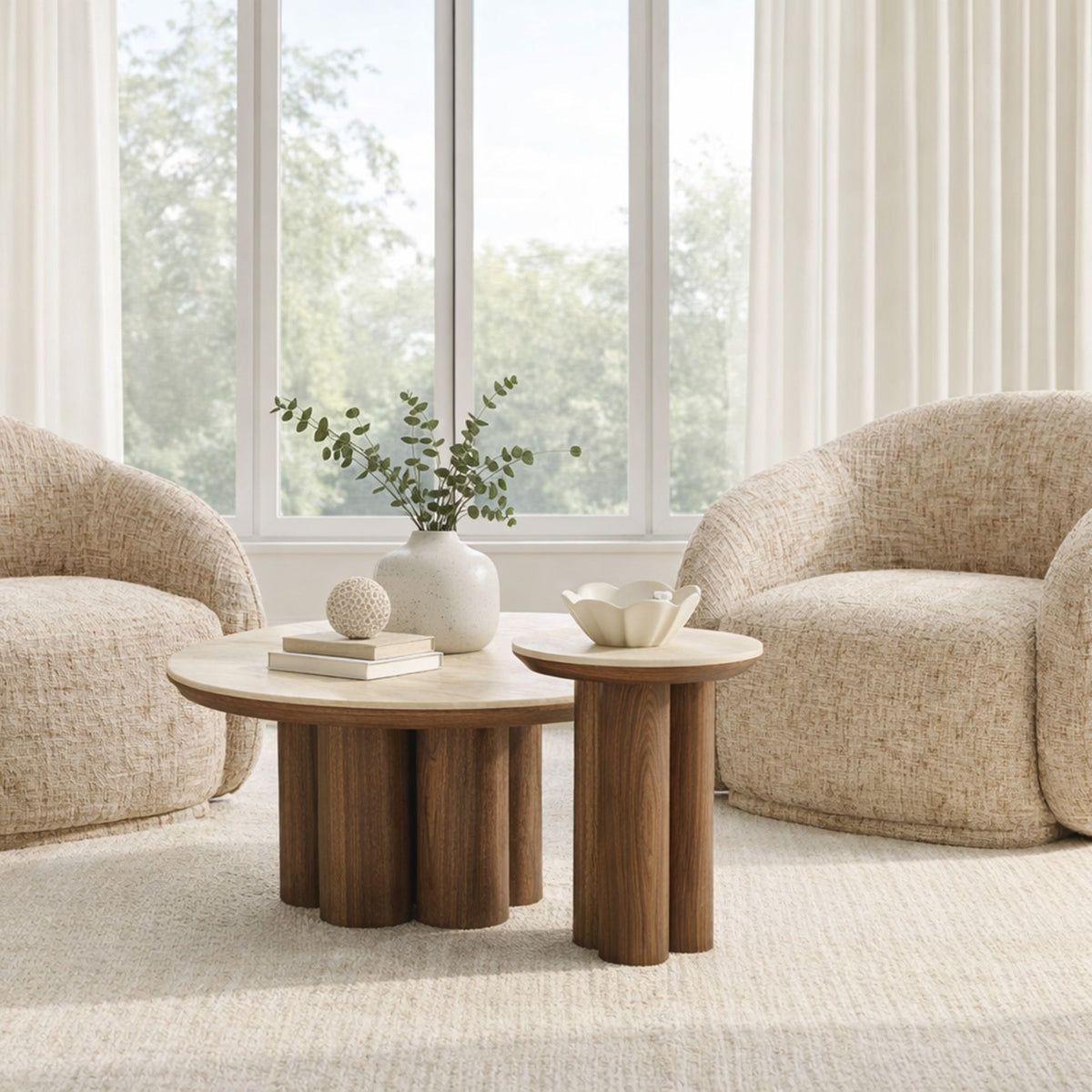 Seaton Round Accent Table in Walnut and Travertine