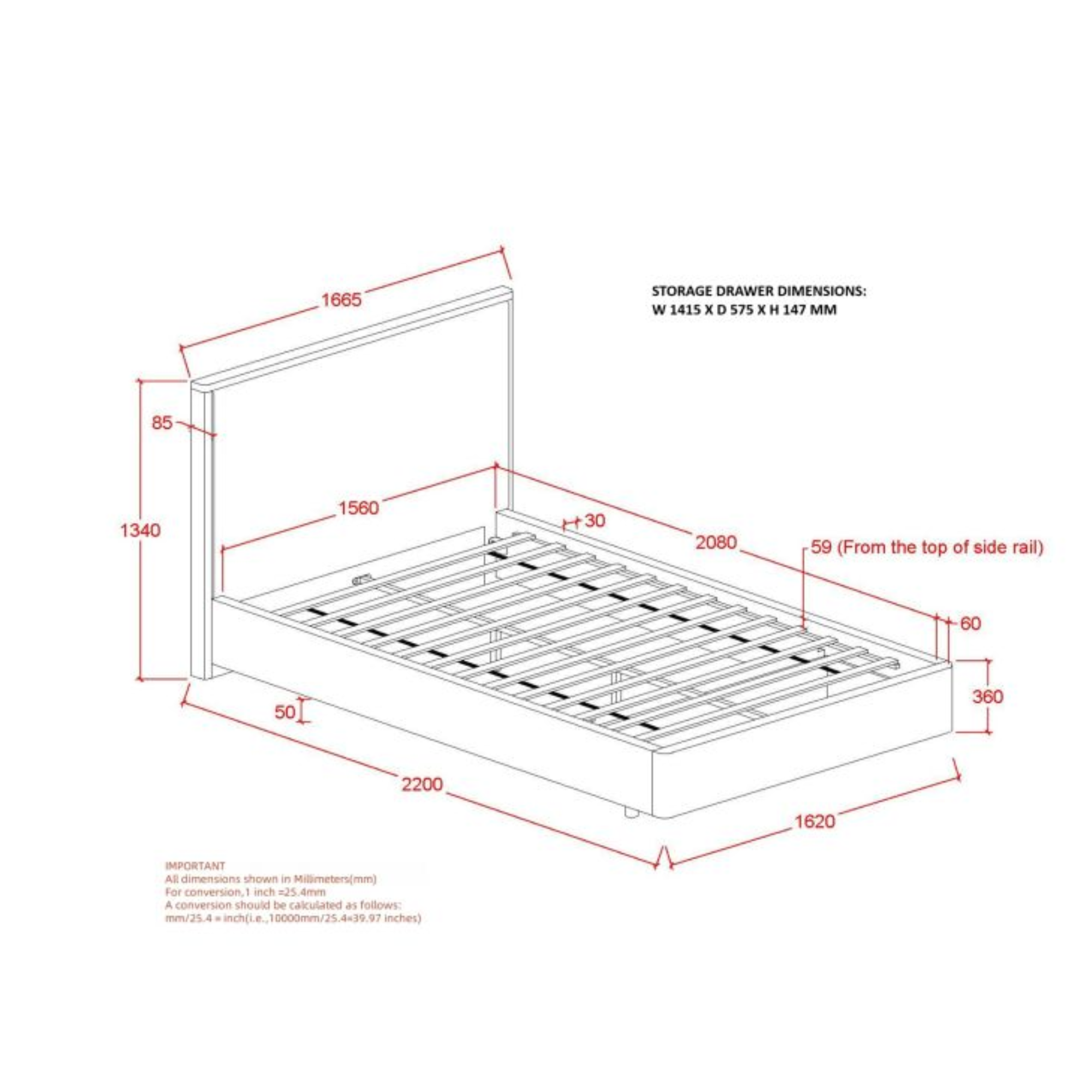 Andover 60" Queen Platform Bed with Drawer in Oat