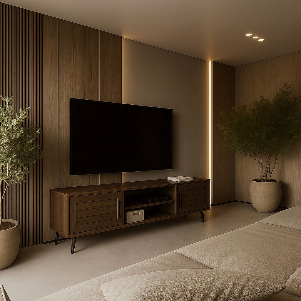 MEUBLE TV - 72"L / ASPECT BOIS BRUN AVEC 2 PORTES