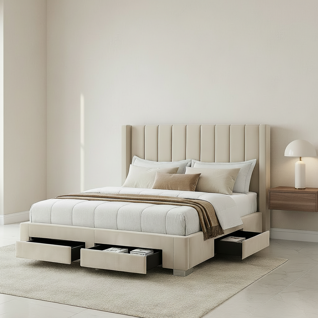 IF-5312 Creme Velvet Fabric Wing Bed