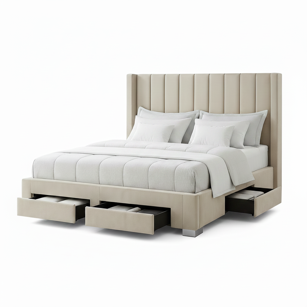 IF-5312 Creme Velvet Fabric Wing Bed