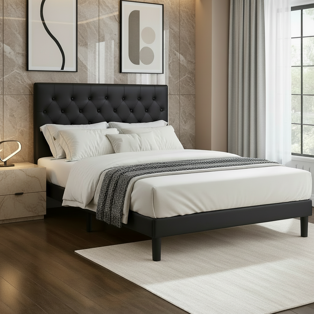 Lit en PU noir IF-5380 avec capitonnage à boutons