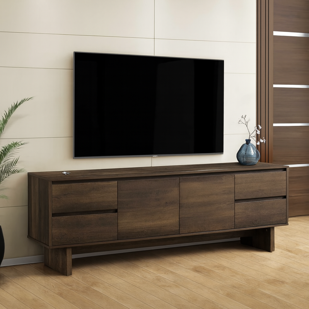 MEUBLE TV - 72"L / ASPECT BOIS BRUN FONCÉ AVEC RANGEMENT