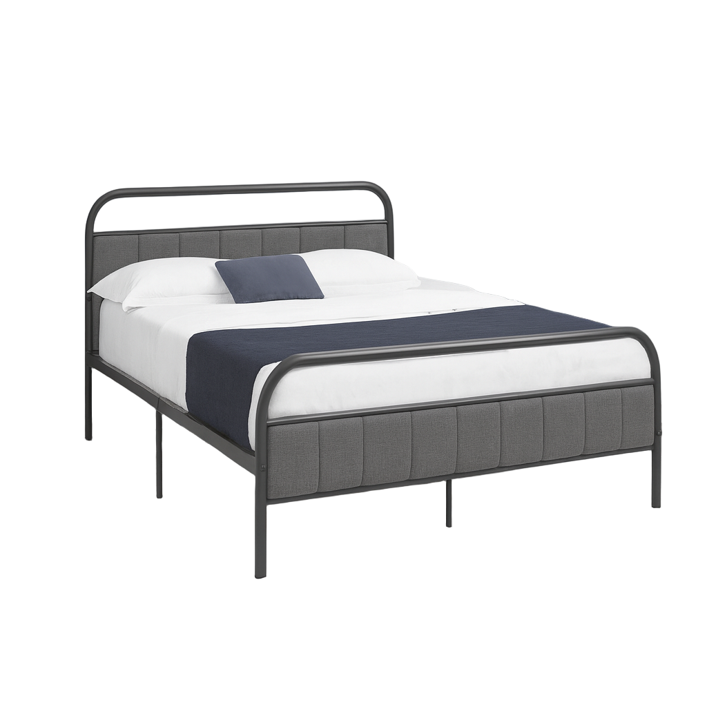 LIT - QUEEN SIZE / TISSU GRIS / PLATEFORME EN MÉTAL NOIR