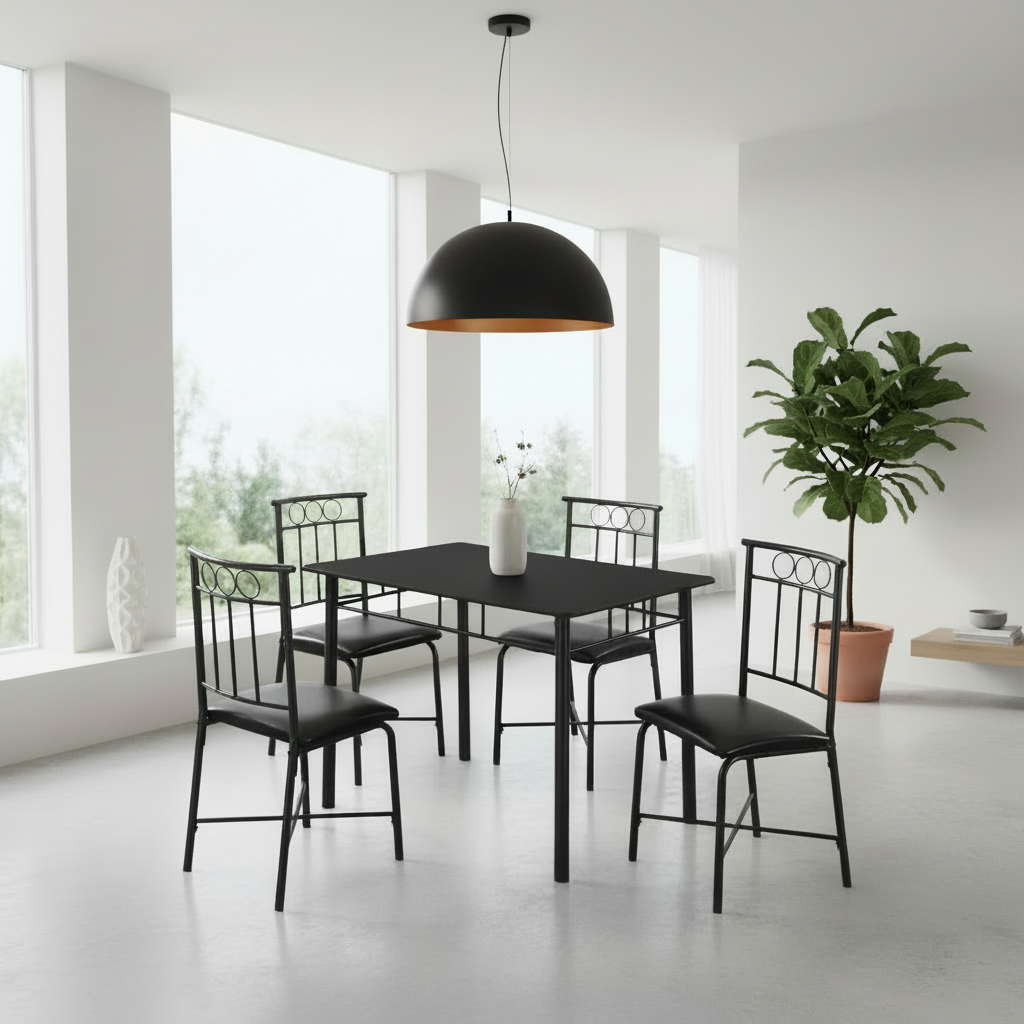 DINING SET - 5PCS SET / WHITE MARBLE TOP / BLACK METAL