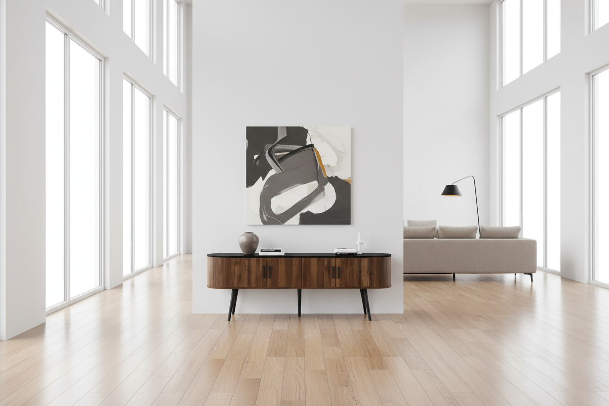 TV Stand - 72"L / Black with 4 Brown Wood-Look Doors