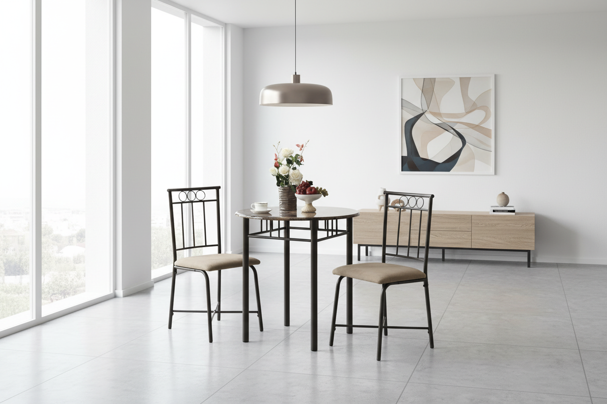 DINING SET - 3PCS SET / BLACK METAL AND TOP