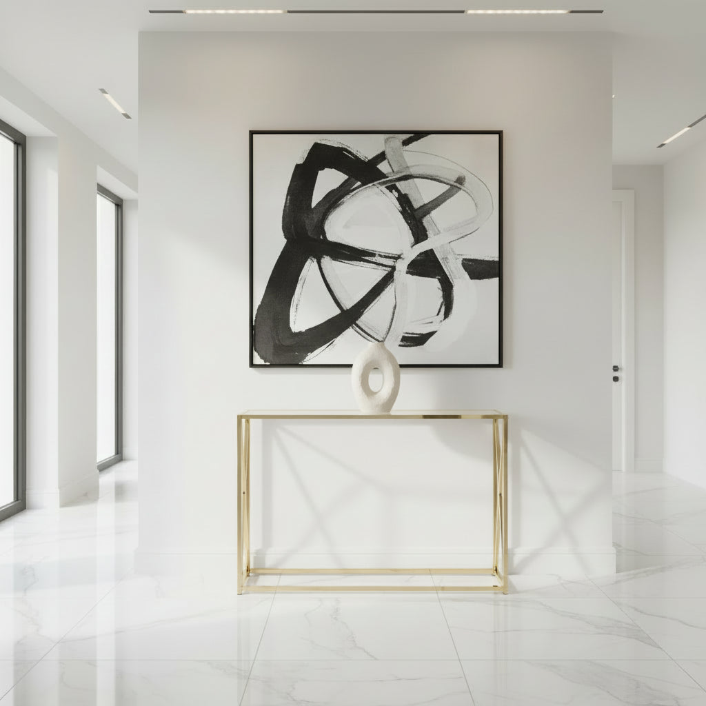 TABLE D'APPOINT - 42"L / MÉTAL CHROMÉ AVEC VERRE TREMPÉ