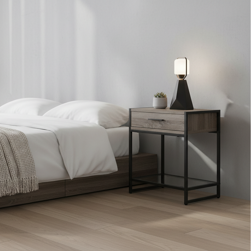 ACCENT TABLE - 22"H / GREY / BLACK METAL / TEMPERED GLASS