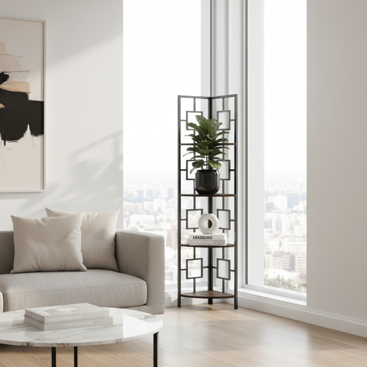 BIBLIOTHÈQUE - 62"H / NOIR / ÉTAGÈRE D'ANGLE EN MÉTAL NOIR