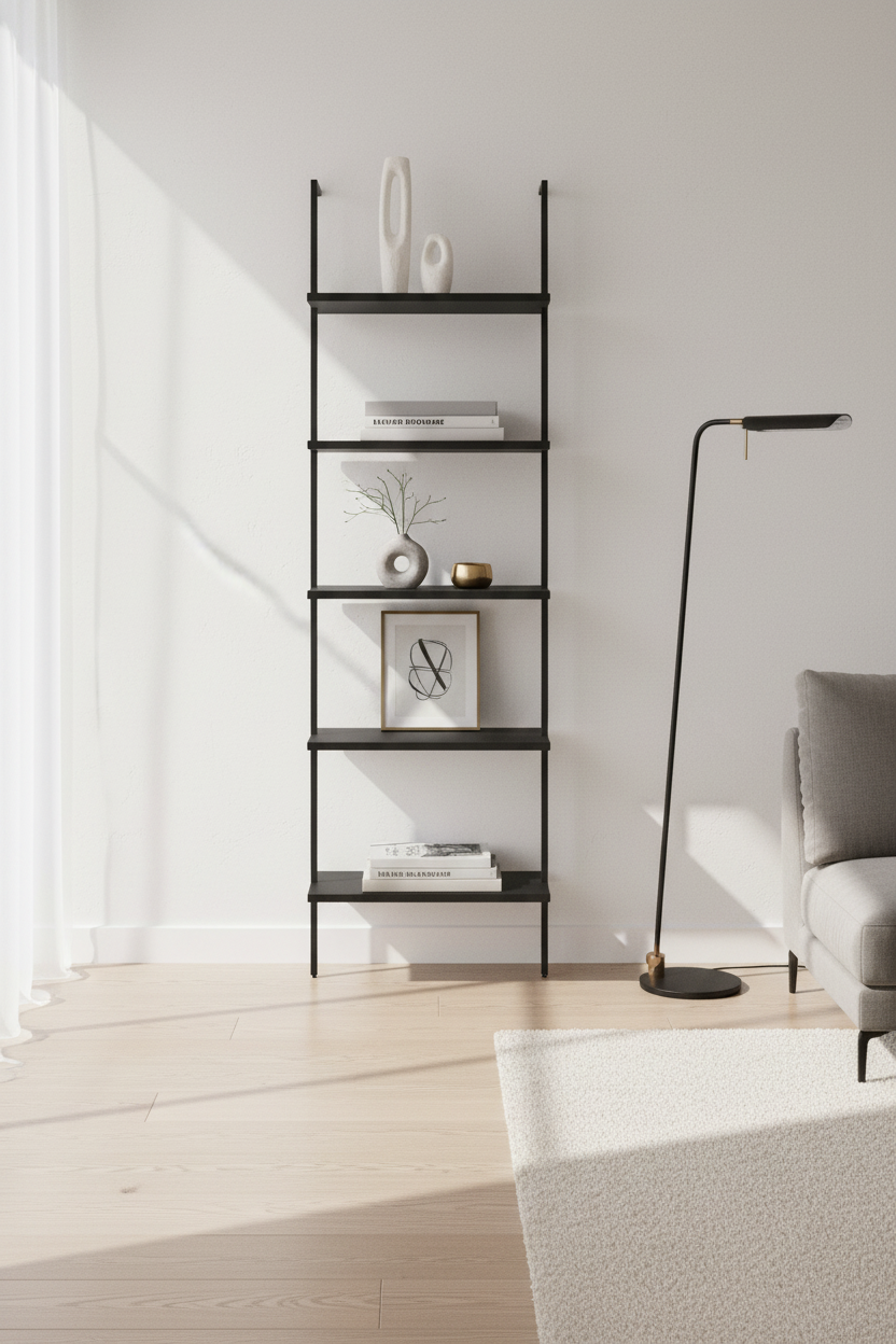 BIBLIOTHÈQUE - ÉCHELLE 72"H BRUN RÉCUPÉRÉ / MÉTAL NOIR