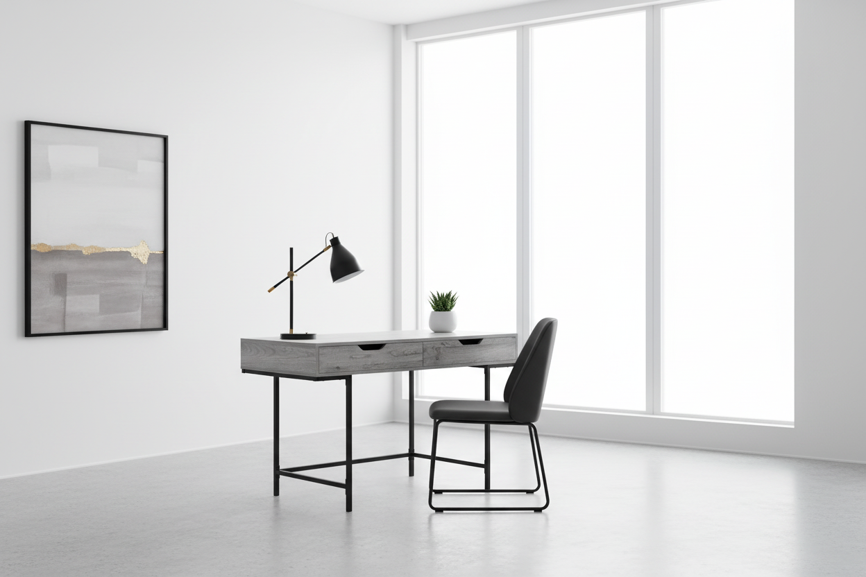 BUREAU D'ORDINATEUR - 48"L / ASPECT MARBRE NOIR / MÉTAL NOIR