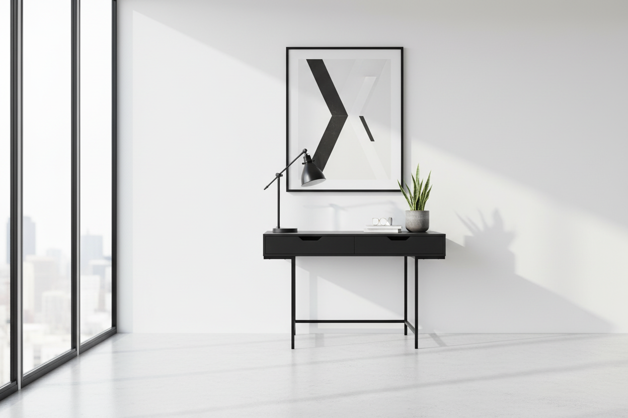 BUREAU D'ORDINATEUR - 48"L / ASPECT MARBRE NOIR / MÉTAL NOIR