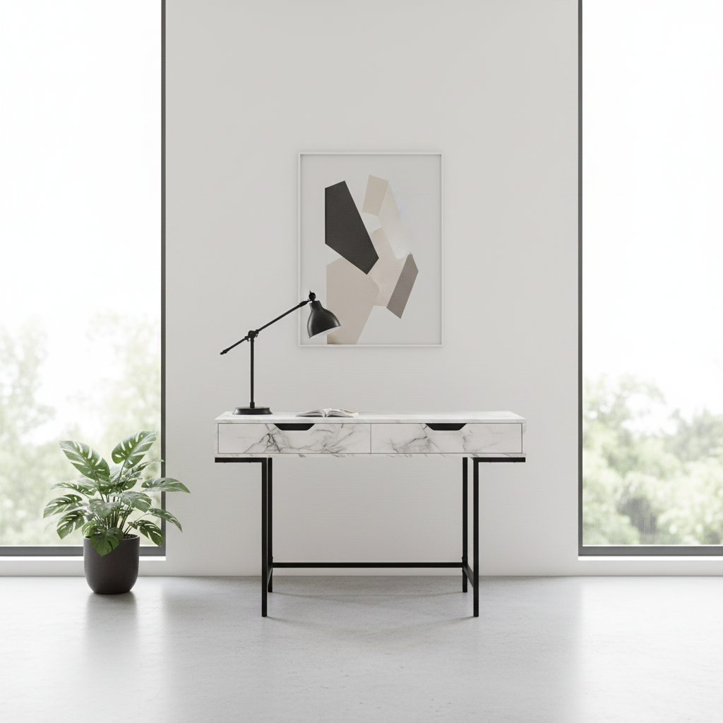 BUREAU D'ORDINATEUR - 48"L / ASPECT MARBRE NOIR / MÉTAL NOIR