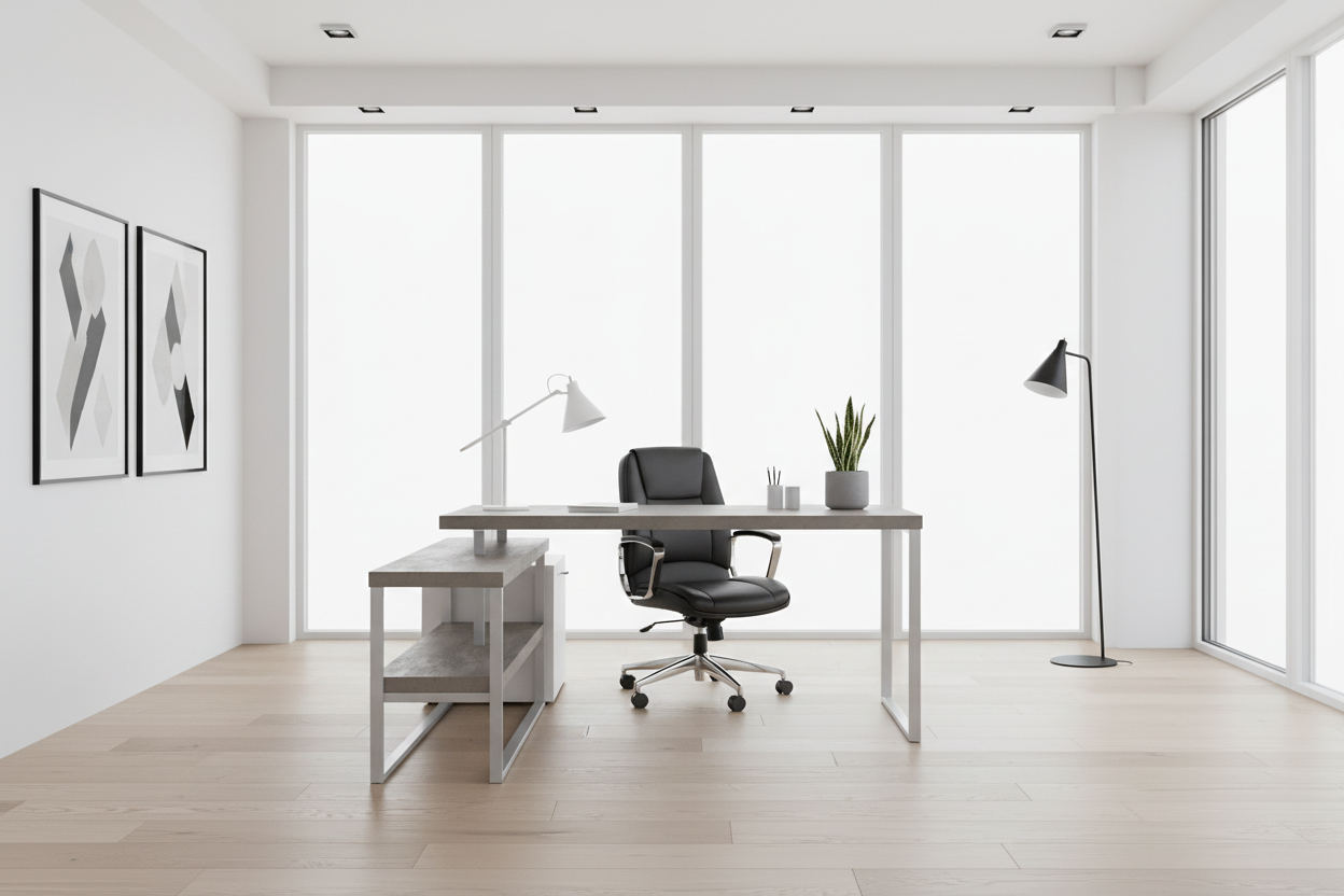 BUREAU D'ORDINATEUR - 60"L / BLANC / MÉTAL ARGENTÉ COIN G/D