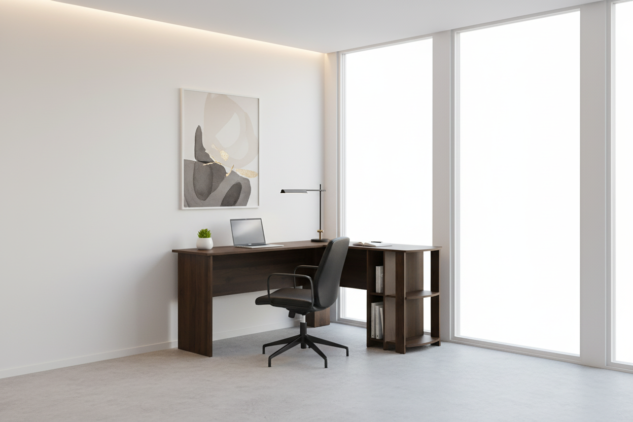 BUREAU D'ORDINATEUR - GRIS INDUSTRIEL EN L D'ANGLE/2 ÉTAGÈRES