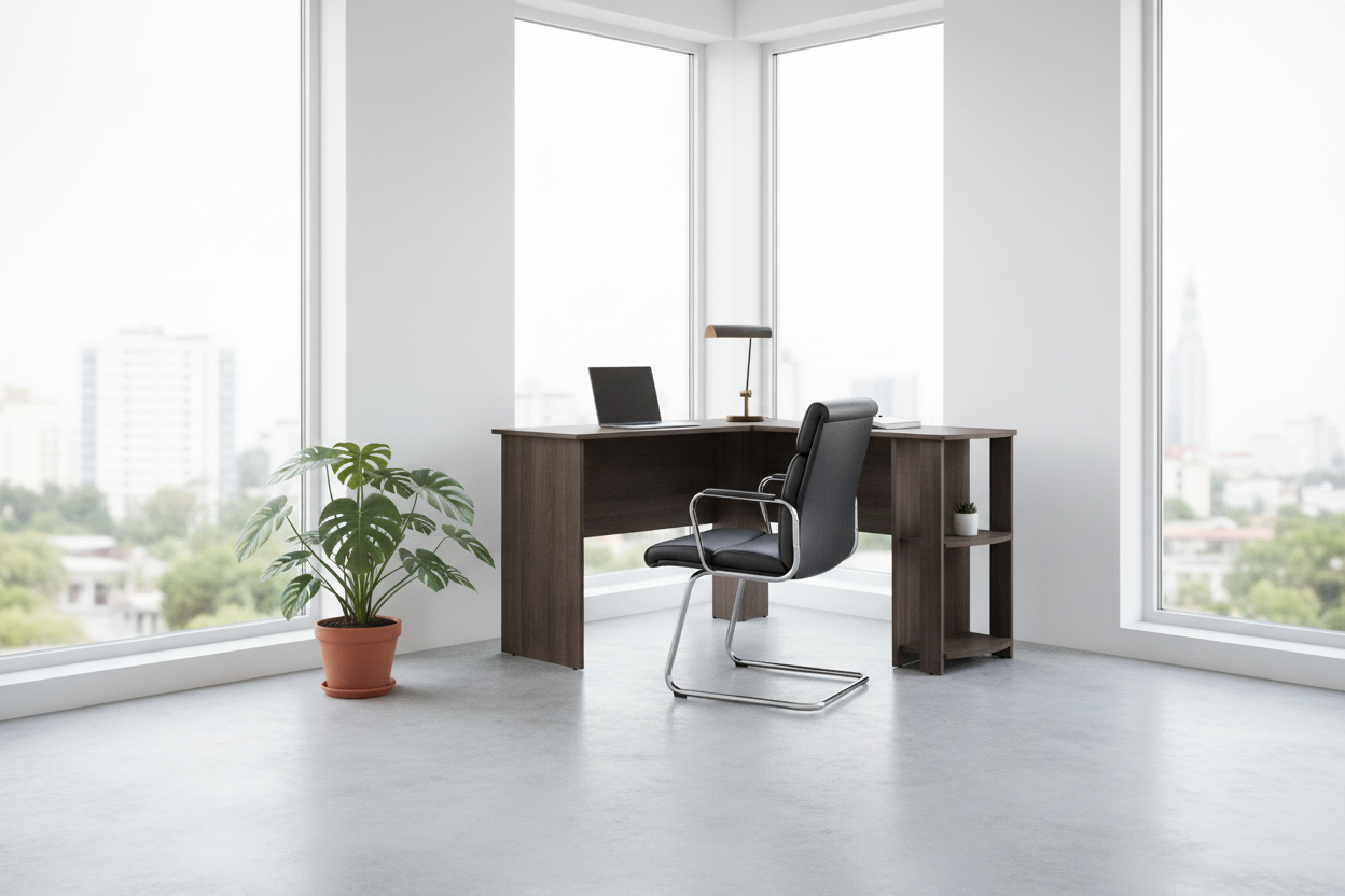 BUREAU D'ORDINATEUR - GRIS INDUSTRIEL EN L D'ANGLE/2 ÉTAGÈRES