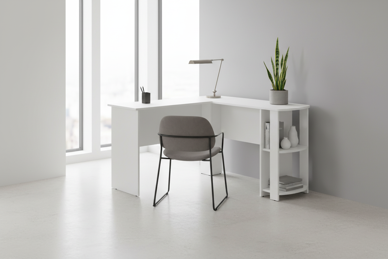 BUREAU D'ORDINATEUR - GRIS INDUSTRIEL EN L D'ANGLE/2 ÉTAGÈRES