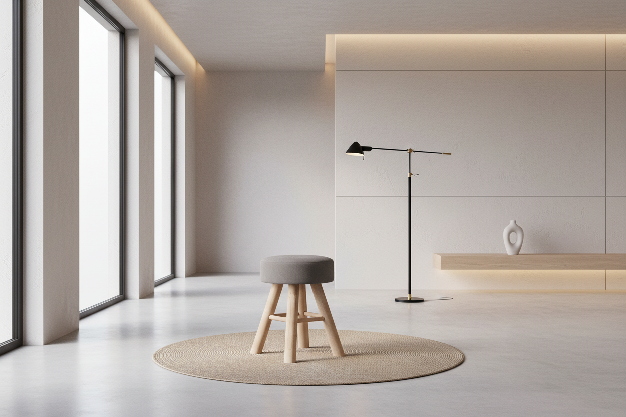 OTTOMAN - TRICOT GRIS / PIEDS EN BOIS NATUREL