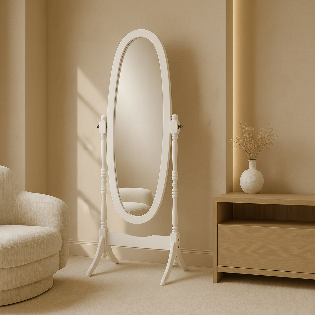 MIROIR - 59"H / CADRE OVALE EN BOIS BLANC ANTIQUE