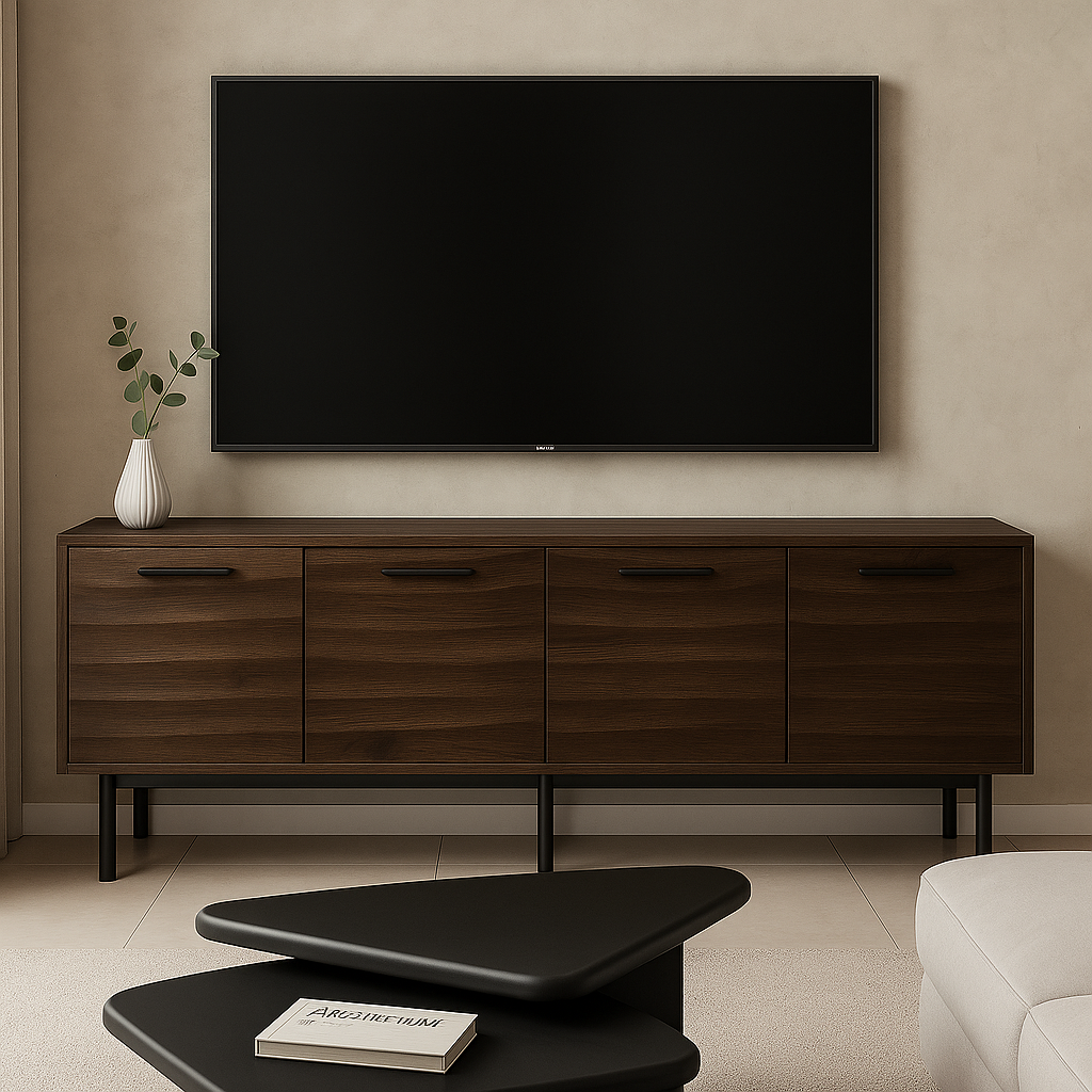 MEUBLE TV - 72"L / ASPECT BOIS BRUN FONCÉ AVEC 4 PORTES
