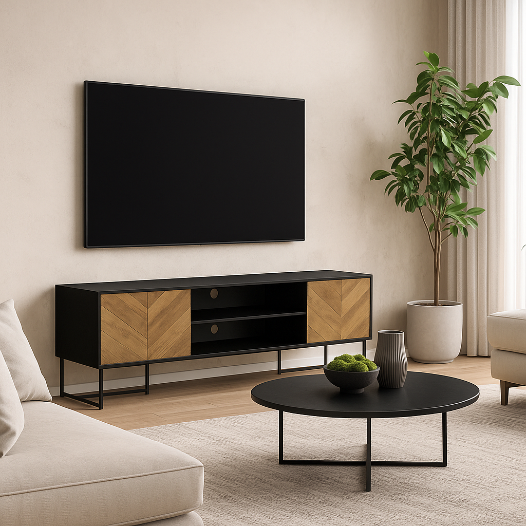 MEUBLE TV - 72"L / NOIR / MÉTAL AVEC 2 PORTES ASPECT BOIS
