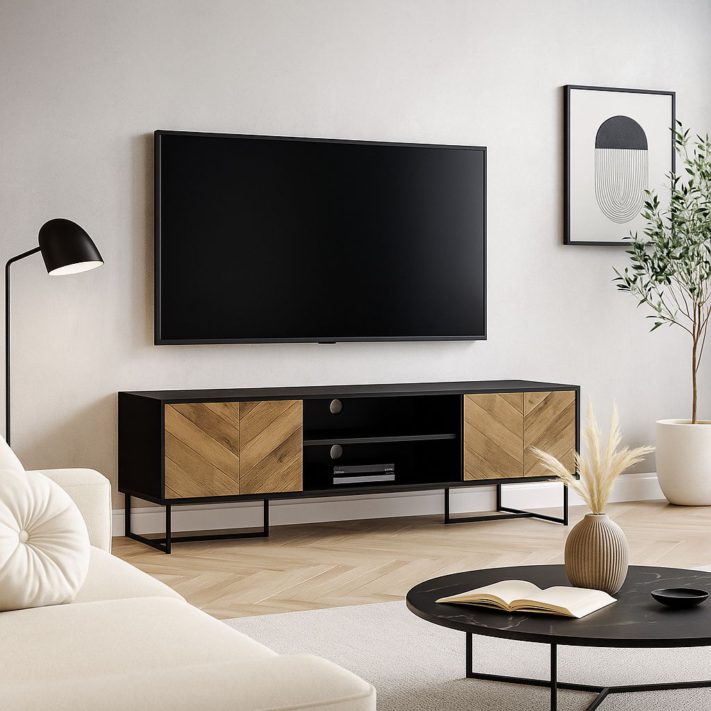 MEUBLE TV - 72"L / NOIR / MÉTAL AVEC 2 PORTES ASPECT BOIS