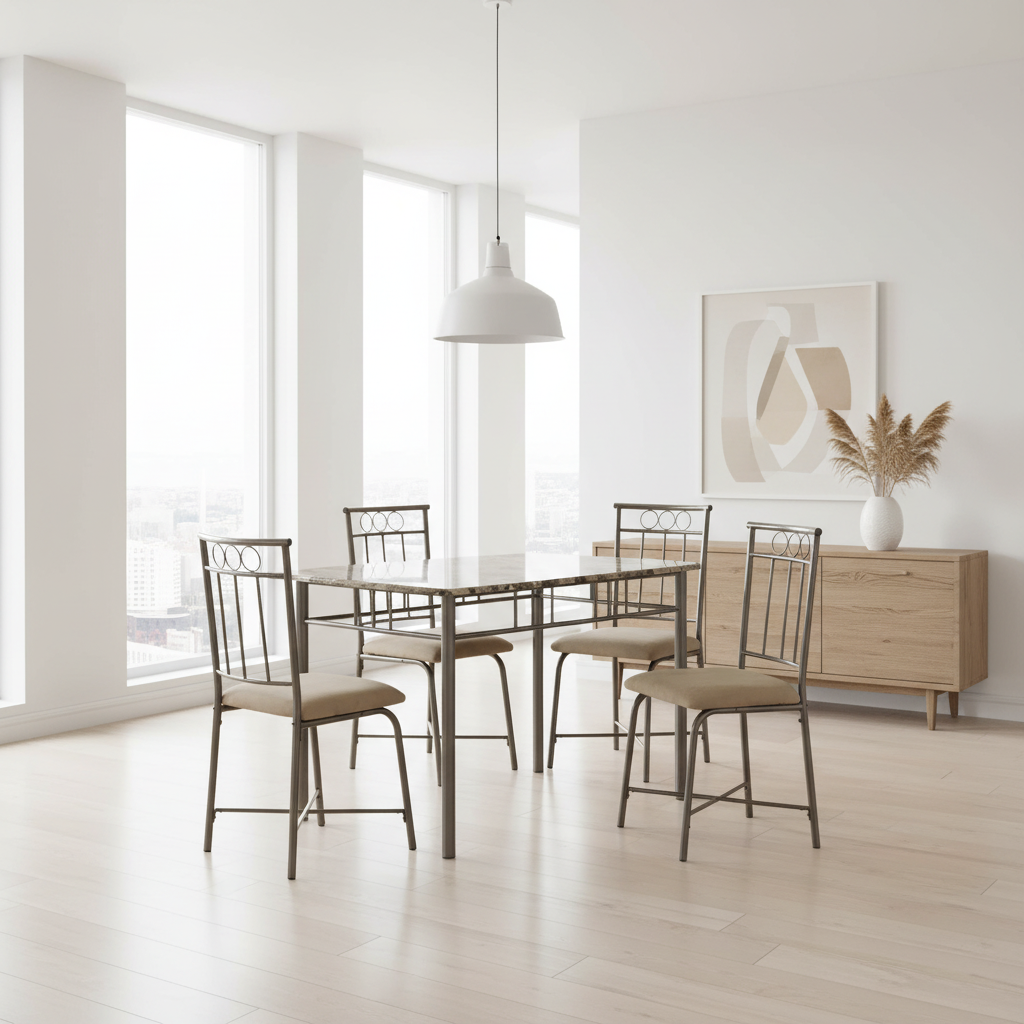 DINING SET - 5PCS SET / ESPRESSO MARBLE / BRONZE METAL