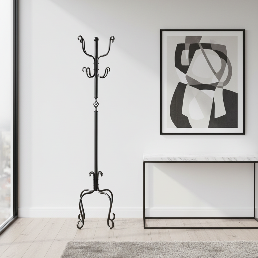 PORTE-MANTEAU - 74"H / MÉTAL NOIR MARTELÉ TRADITIONNEL