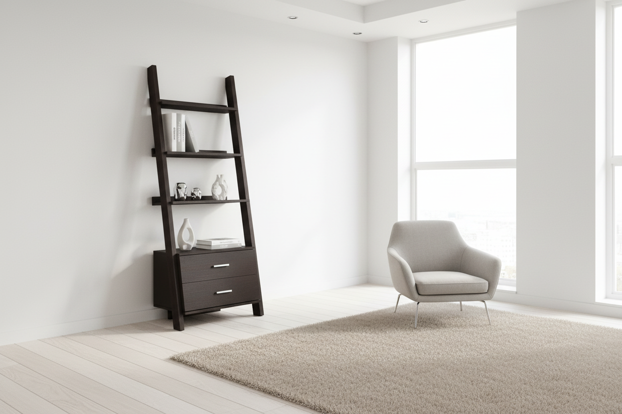 BOOKCASE - 69"H / ESPRESSO LADDER W/ 2 STORAGE DRAWERS