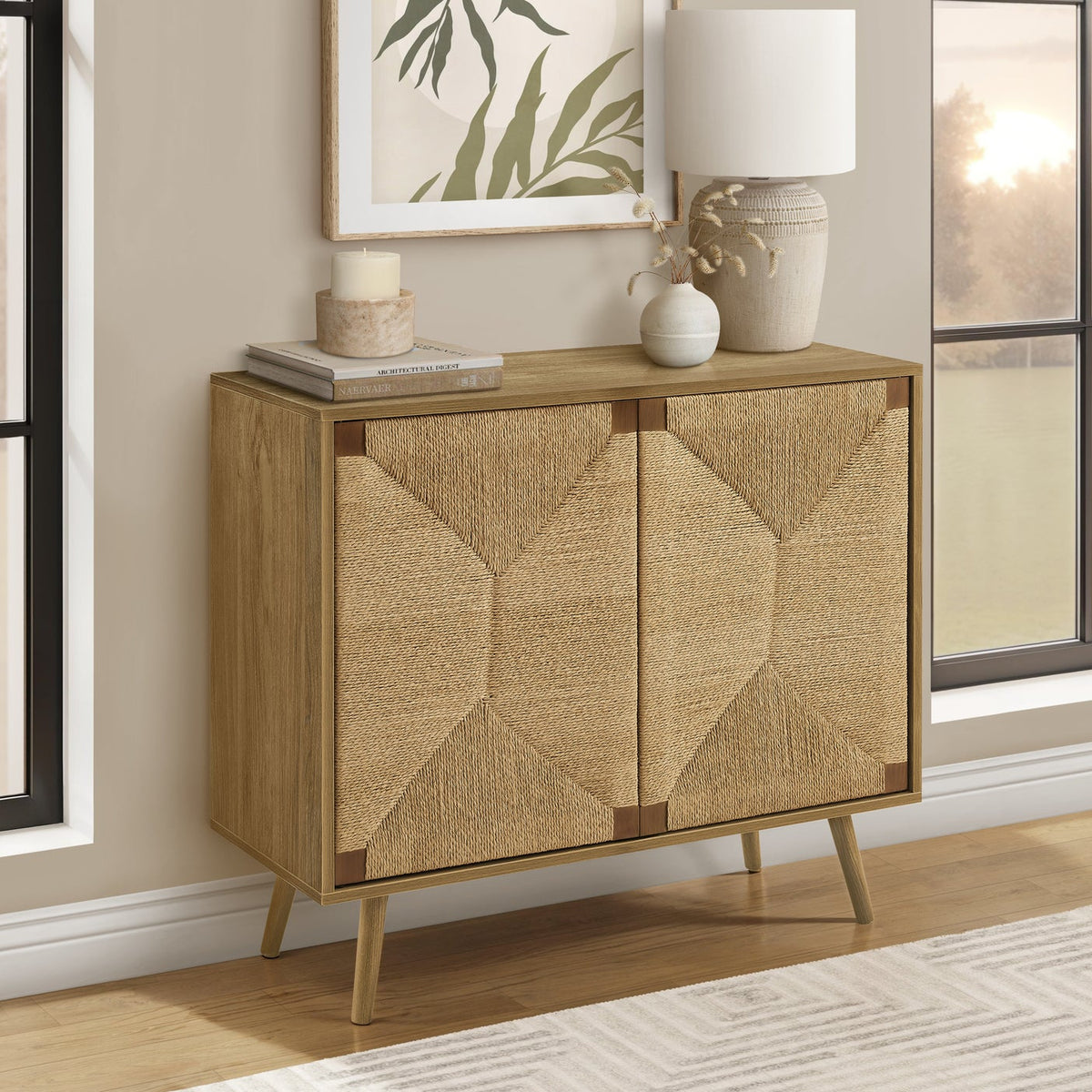 ACCENT CHEST - 32""H / LIGHT WALNUT / SEAGRASS-LOOK / 2 DOORS