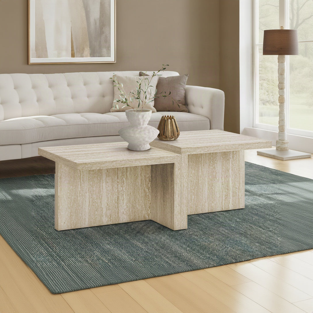 COFFEE TABLE - 48"L / TRAVERTINE STONE / TWO TIER