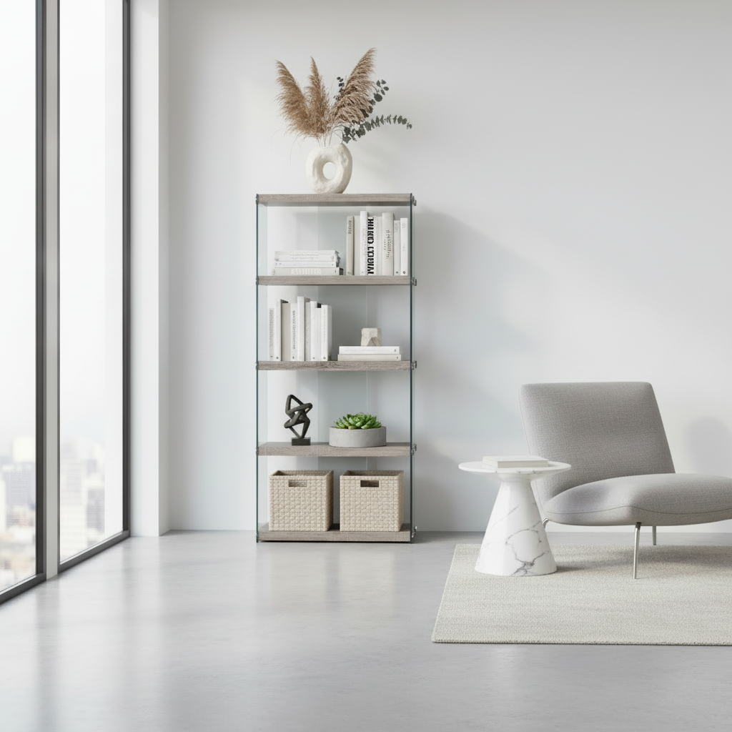 BIBLIOTHÈQUE - 60"H / TAUPE FONCÉ AVEC VERRE TREMPÉ