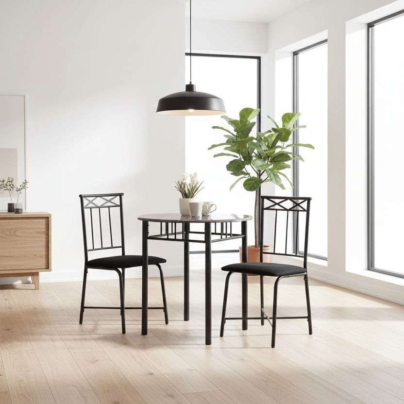 DINING SET - 3PCS SET / GREY MARBLE / CHARCOAL METAL