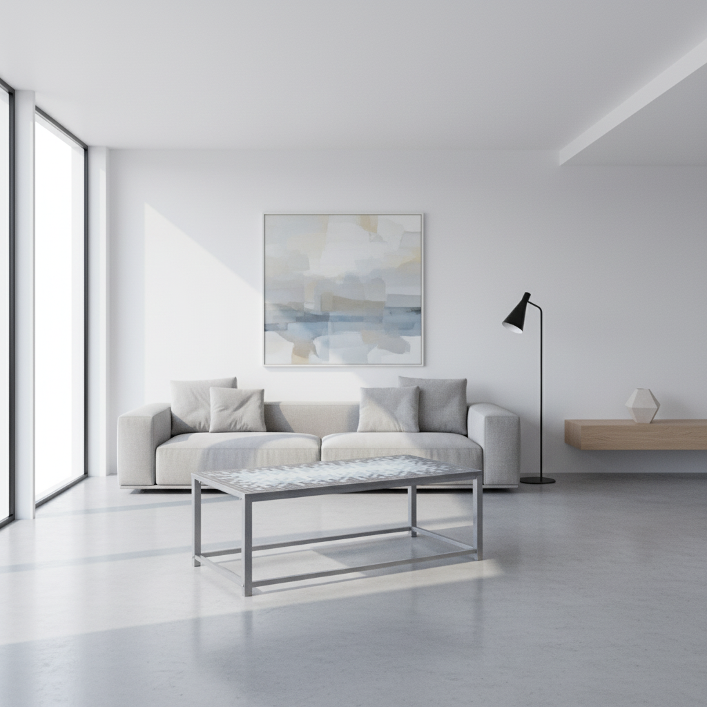 COFFEE TABLE - GREY / BLUE TILE TOP / HAMMERED SILVER