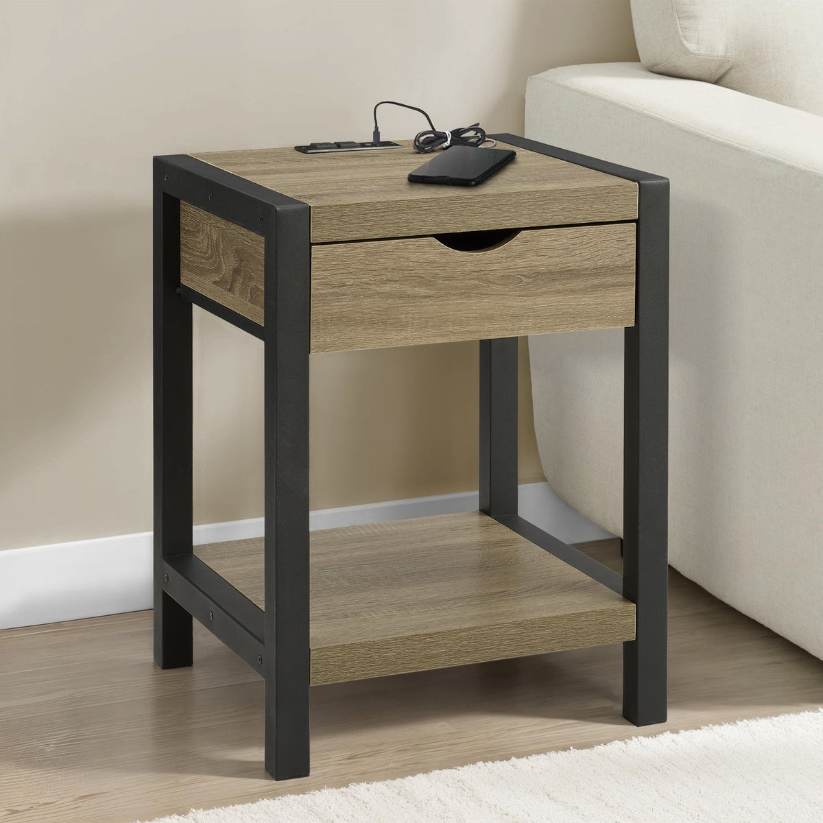 ACCENT TABLE - 24""H / DARK TAUPE / BLACK METAL USB / PLUG
