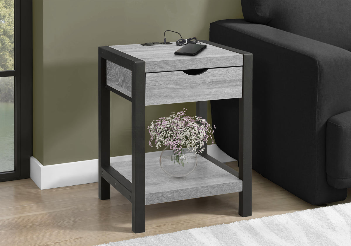 ACCENT TABLE - 24""H / DARK TAUPE / BLACK METAL USB / PLUG