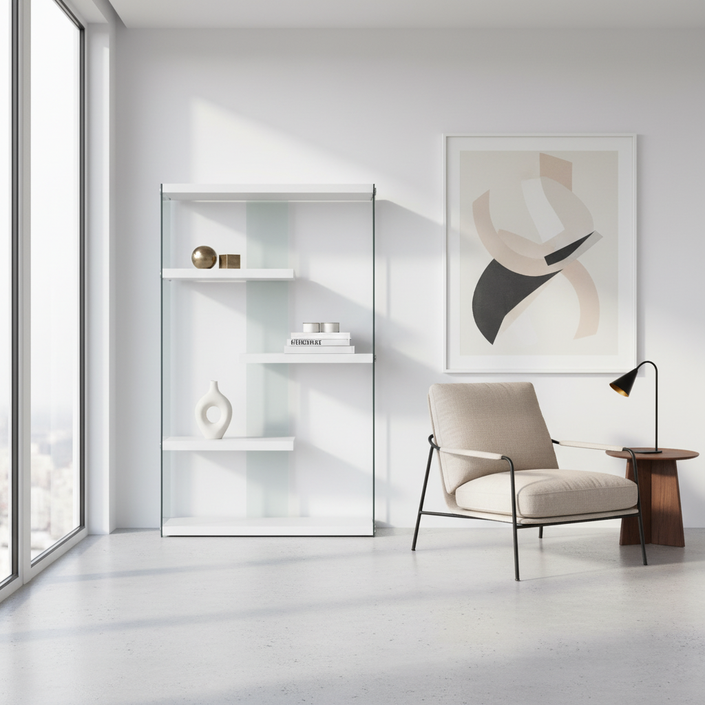 BOOKCASE - 60"H / GLOSSY WHITE WITH TEMPERED GLASS