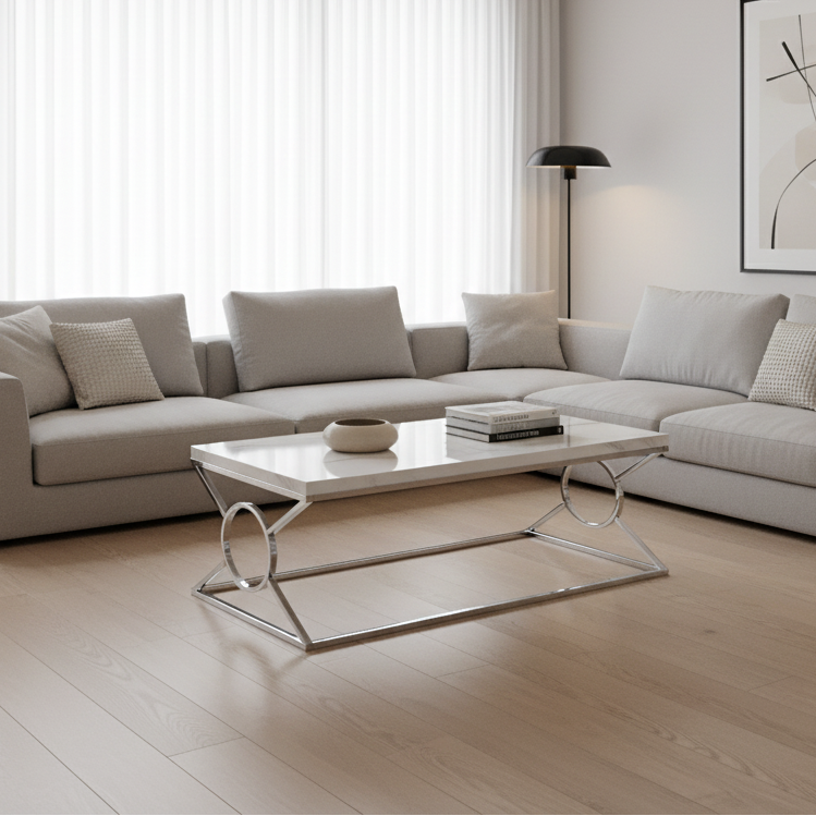 TABLE BASSE - BLANC BRILLANT AVEC MÉTAL CHROMÉ