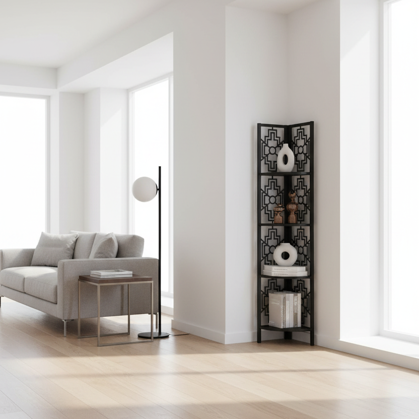 BIBLIOTHÈQUE - 62"H / NOIR / ÉTAGÈRE D'ANGLE EN MÉTAL NOIR