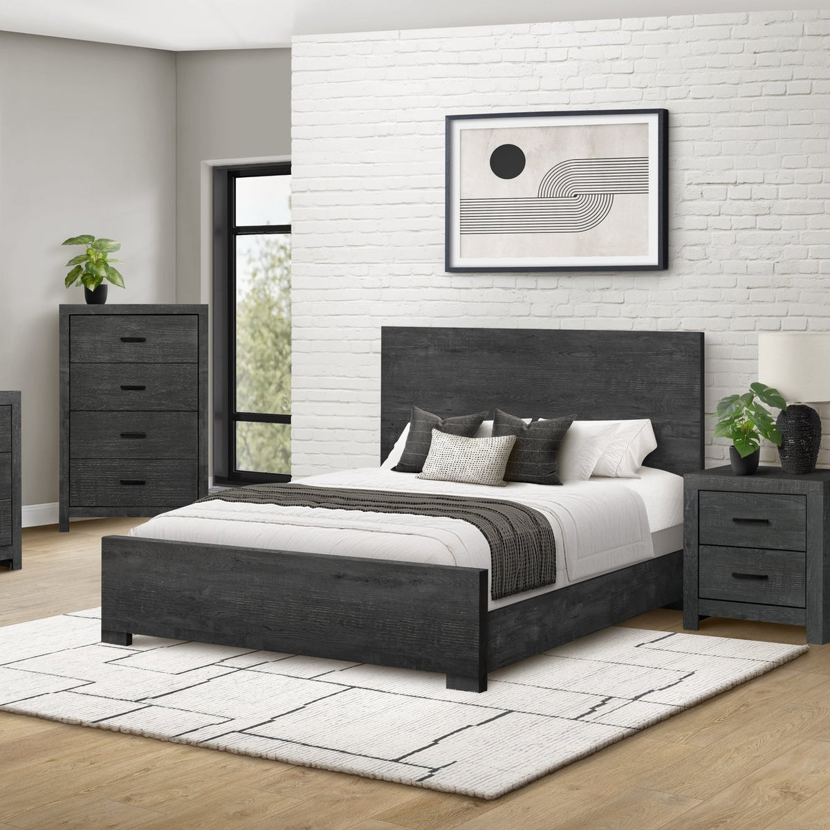 BEDROOM SET - QUEEN SIZE BED / GRAPHITE GREY WOOD FINISH