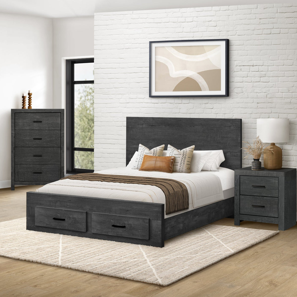 BEDROOM SET - QUEEN SIZE BED / GRAPHITE GREY WOOD 2 DRAWERS